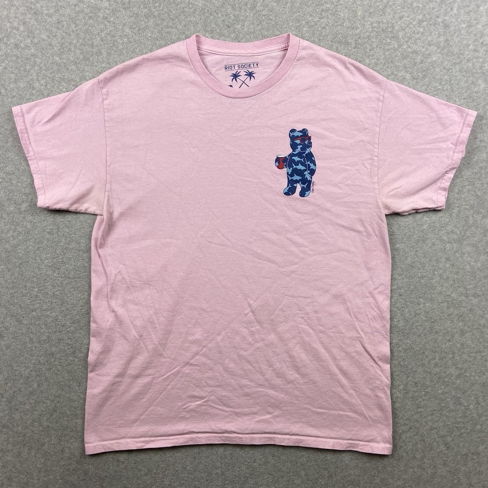 Riot Society T-Shirt Mens Large Tropic Bear Crew Neck‎ Tee Pink Short Sleeve